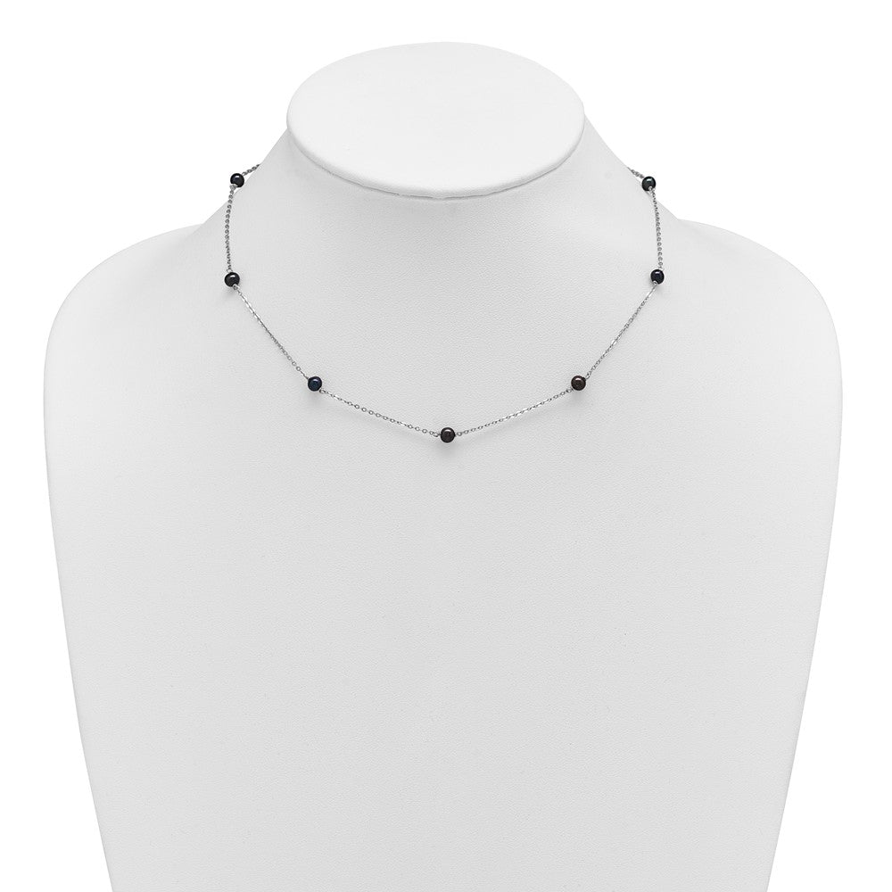Sterling Silver Rhodium-plated 4-5mm Black Semi-Round Freshwater Cultured Pearl 8-Station 16 inch Necklace 16 Inches