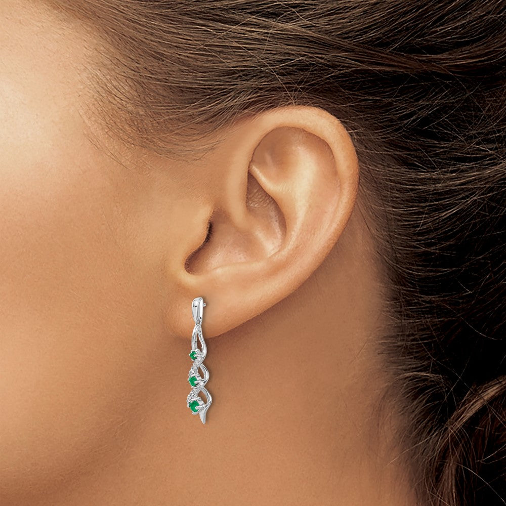 14k White Gold Diamond and Emerald Post Dangle Earrings