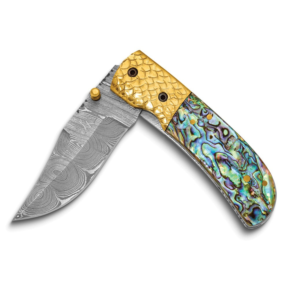 Luxury Giftware by Jere Damascus Steel 256 Layer Folding Blade Genuine Abalone Shell Handle Knife with Leather Sheath and Wooden Gift Box