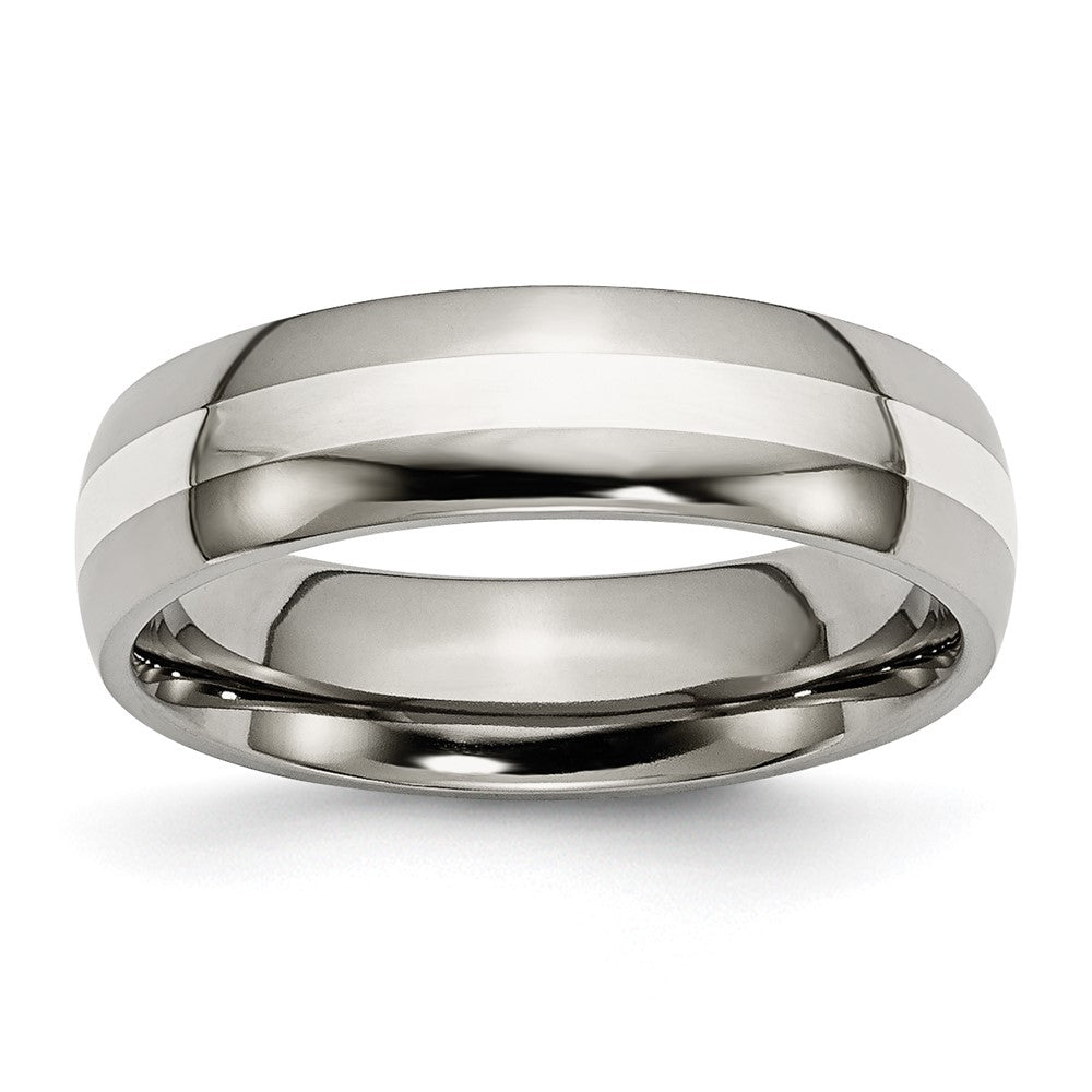 Titanium Polished w/Sterling Silver Inlay 6mm Band Size - 13