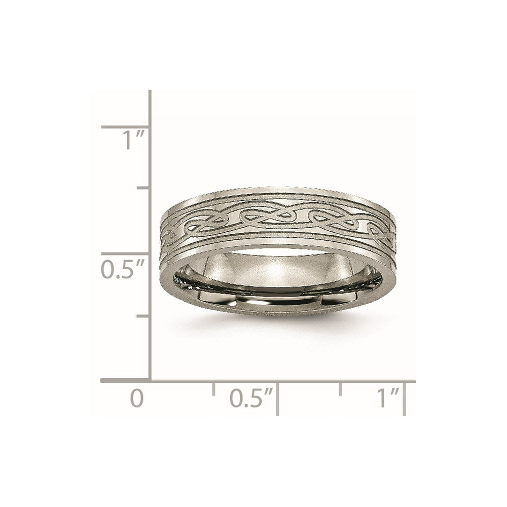 Titanium Polished Laser Etched 6mm Celtic Knot Flat Band Size - 12