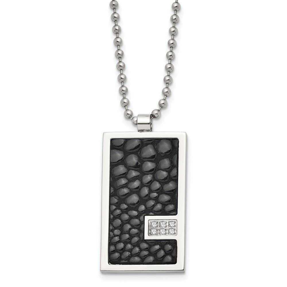 Stainless Steel Polished Stingray Imit. Leather 1/10ct. Dia 24in Necklace