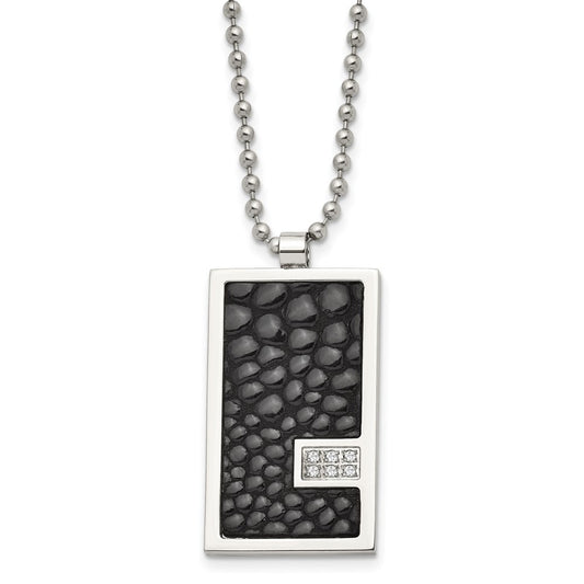 Stainless Steel Polished Stingray Imit. Leather 1/10ct. Dia 24in Necklace