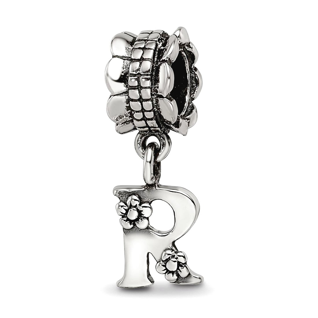 925 Sterling Silver Polished Artisan Oxidized Reflections Letter Name Personalized Monogram Initial R Dangle Bead Charm