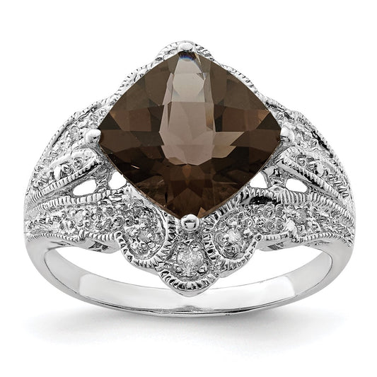 Sterling Silver Rhodium Checker-Cut Smoky Quartz & Diam. Ring