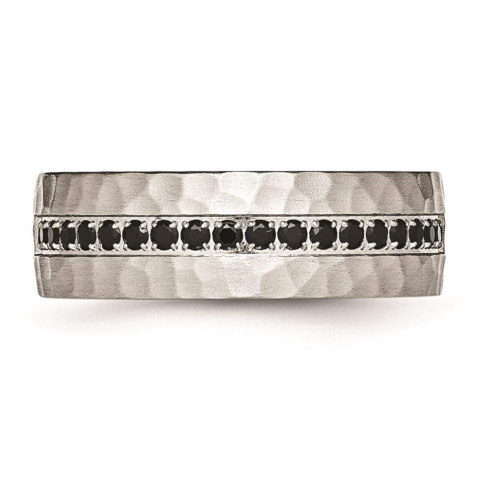 Stainless Steel Brushed and Hammered w/Black CZ 7.5mm Band Size - 8.5