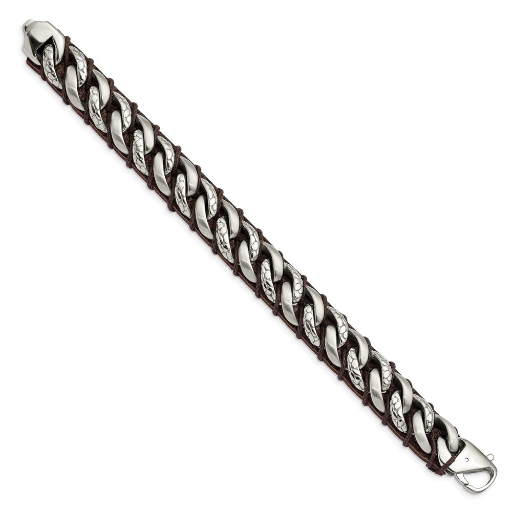 Stainless Steel Brushed Polished & Textured Brown Leather 8.5in Bracelet 8.5 inches