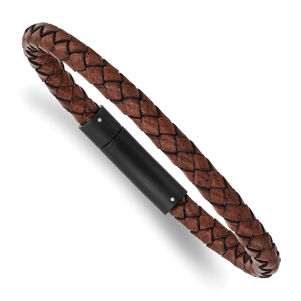 Stainless Steel Brushed Black IP-plated Brown Leather 8.25in Bracelet 8.25 inches
