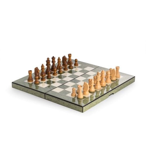 Bey-Berk International G553 15.5 in. Lacquer Finished Green Inlaid Wood Backgammon & Chess Set