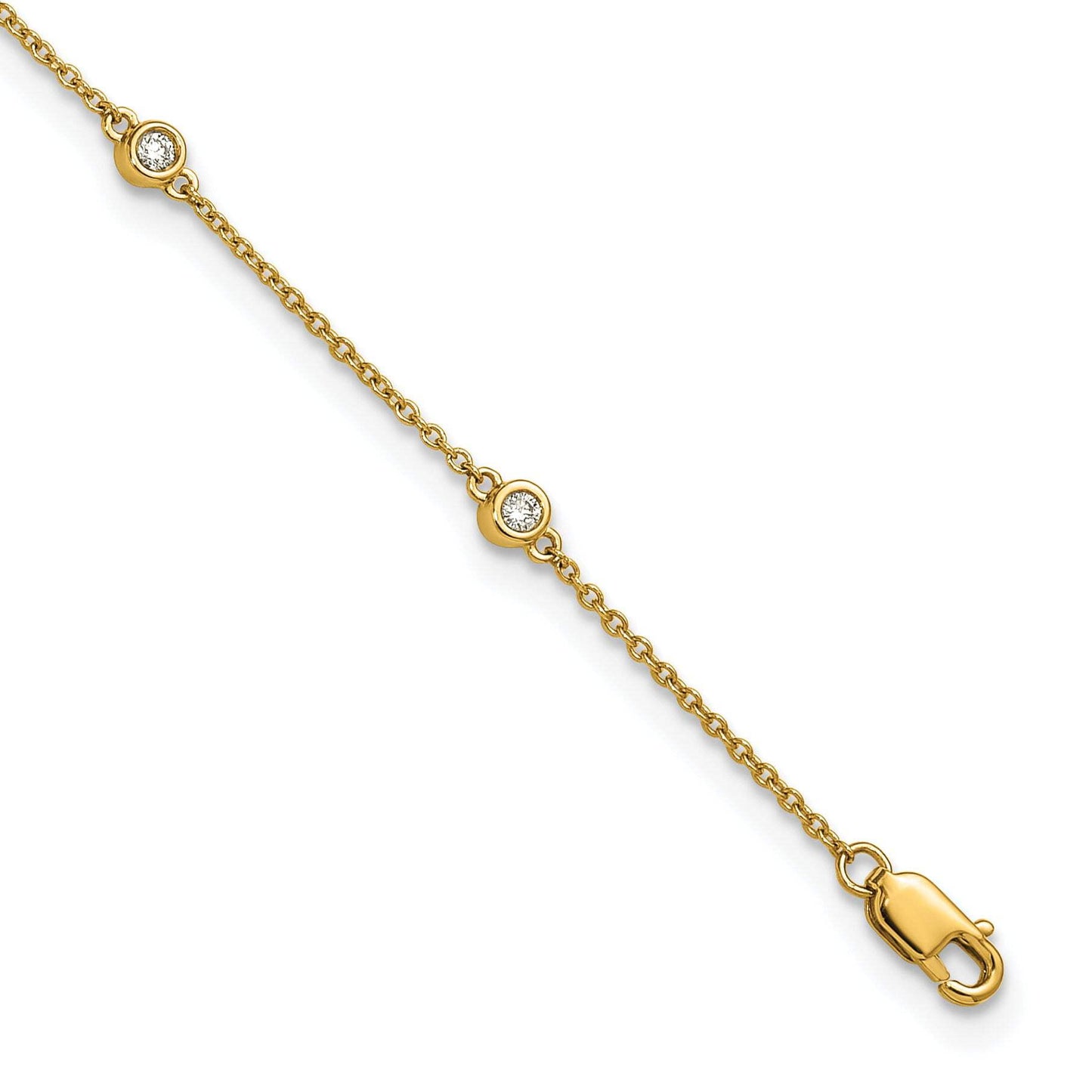 14k Complete 1/5 carat Bezel-set Diamond and Cable Chain 8-Station 9 inch Anklet
