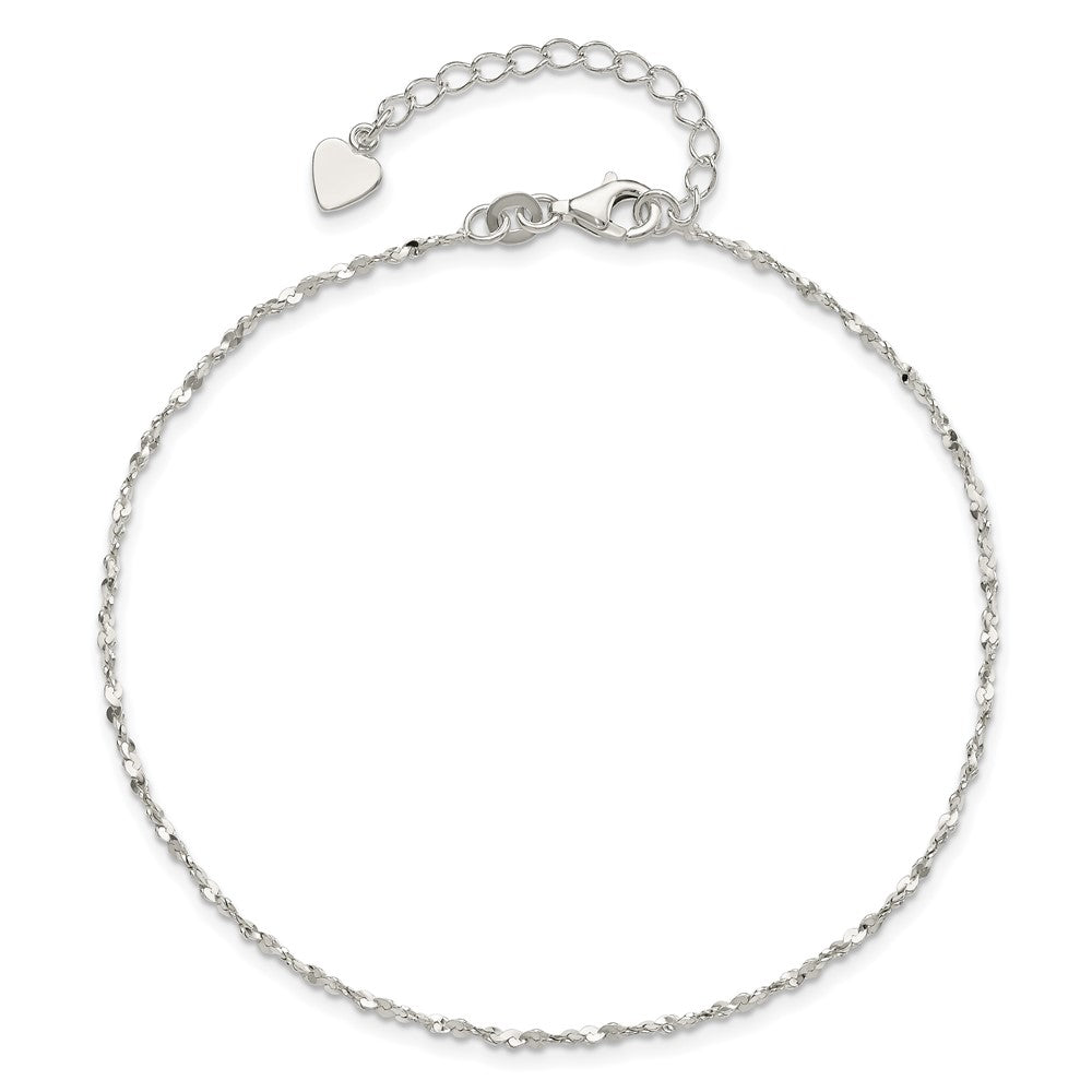 Sterling Silver Twisted Serpentine Heart 9 inch Plus 1.5 inch ext. Anklet 9 inches