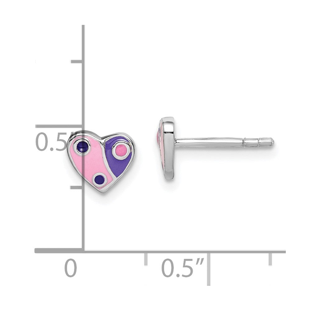 Sterling Silver Rhodium-plated Polished Pink & Purple Enameled Heart Children's Post Earrings