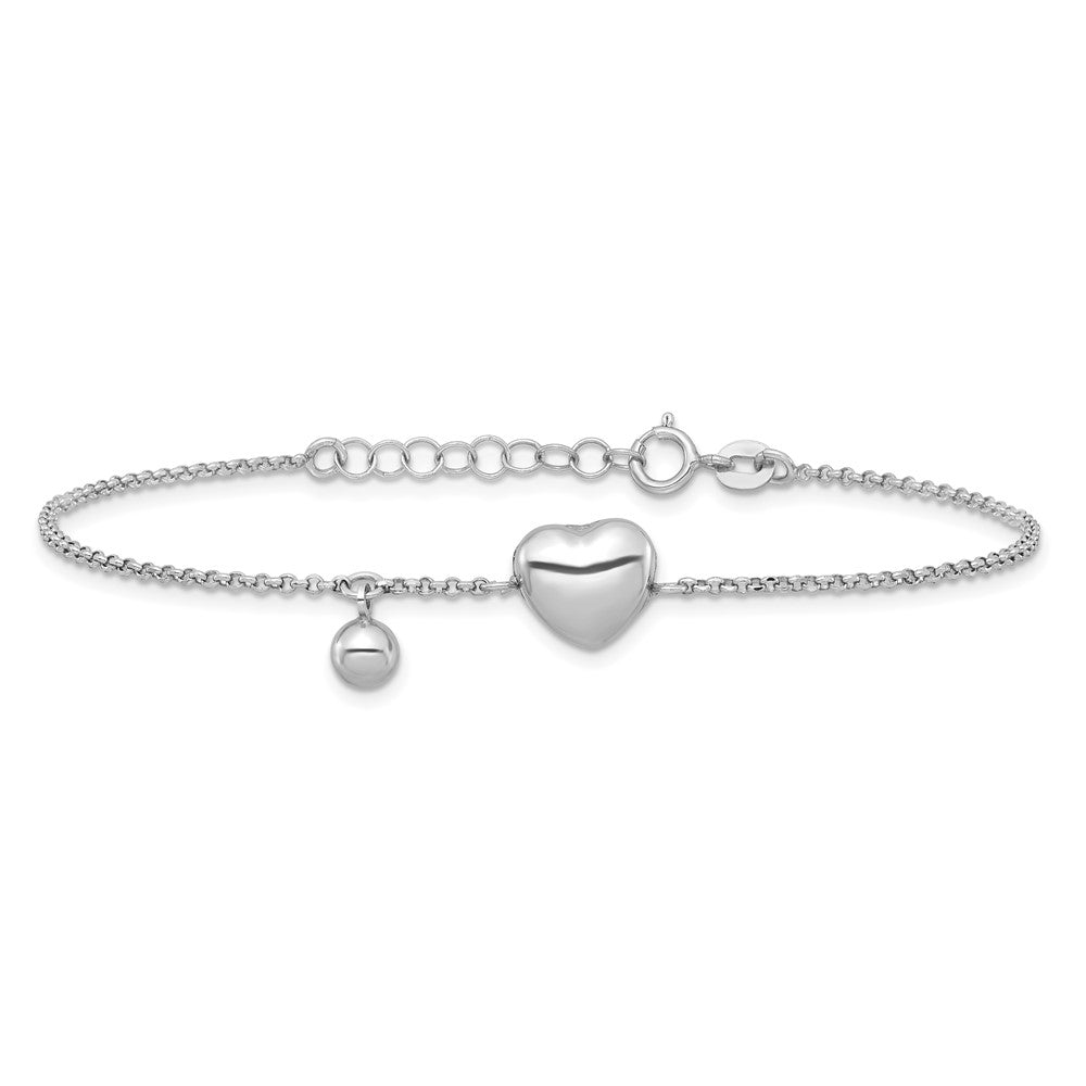 Sterling Silver Rhodium-plated Polished Puffed Heart and Ball 7 inch with 1 inch Extender Bracelet 8 inches