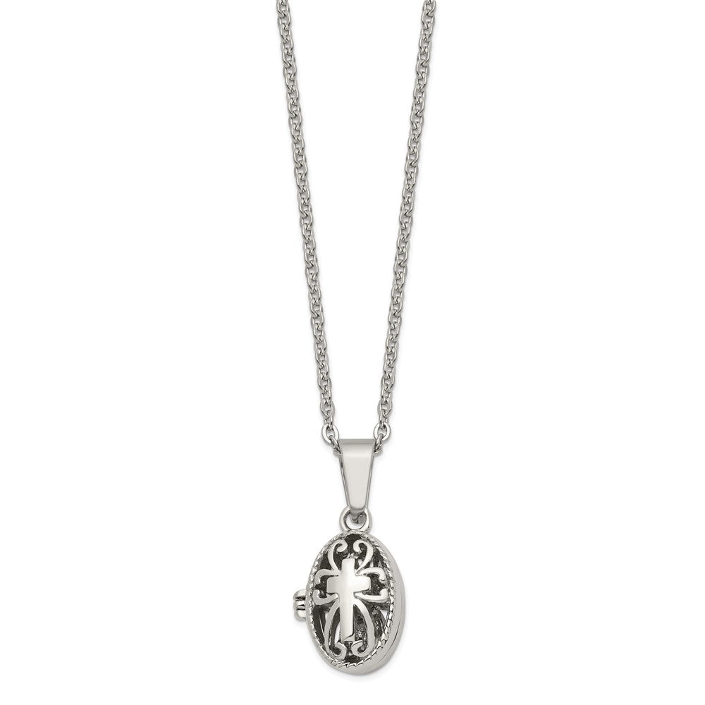 Stainless Steel Polished and Antiqued Oval Magnetic Prayer Box Necklace