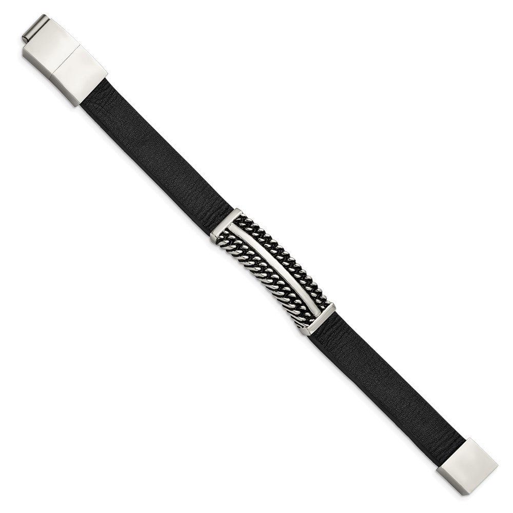 Stainless Steel Antiqued & Polished Black Leather w/.5in ext 8in Bracelet 8 inches