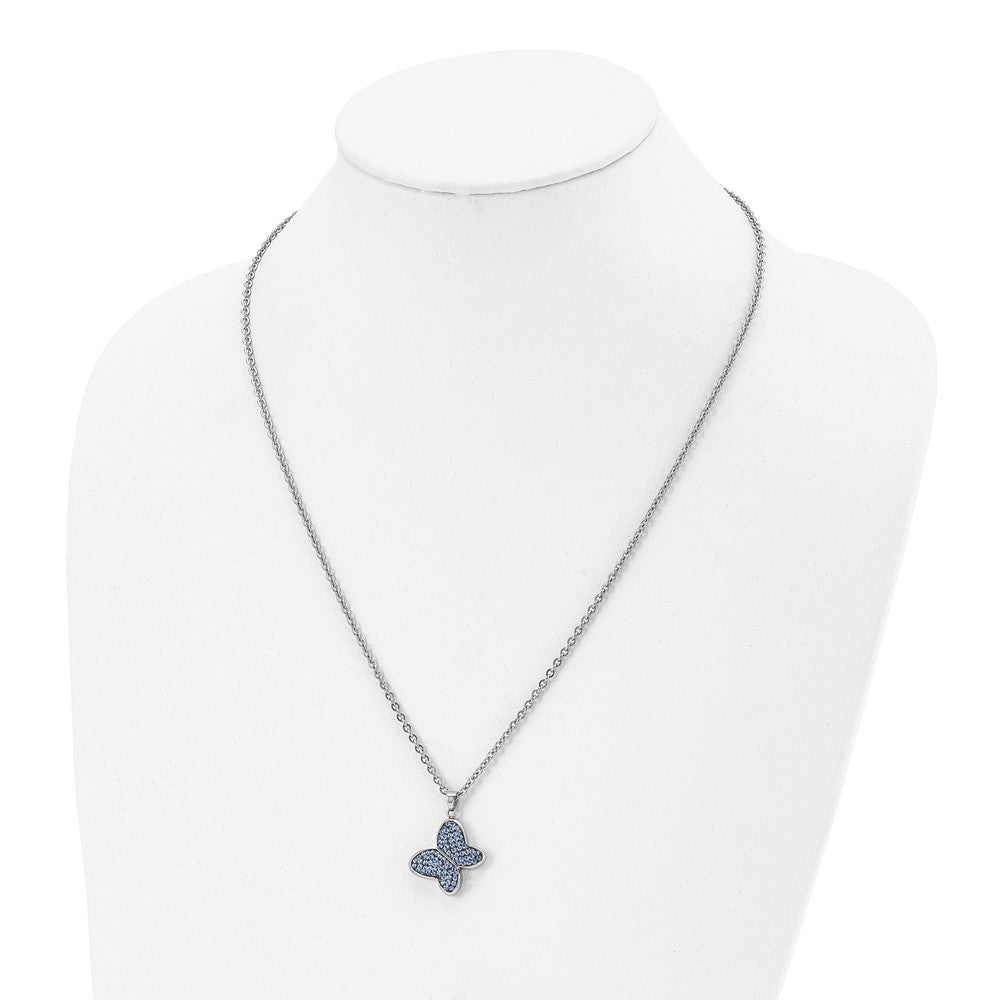 Stainless Steel Polished Blue Crystal Butterfly 22in Necklace