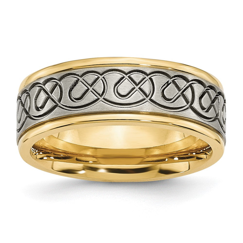 Titanium Brushed/Polished Yellow IP Scroll Design 8mm Grooved Edge Band Size - 11