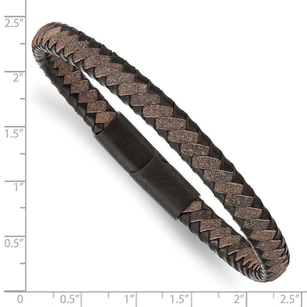 Stainless Steel Brushed Black IP-plated Black/Brown Leather 8.25in Bracelet 8.25 inches