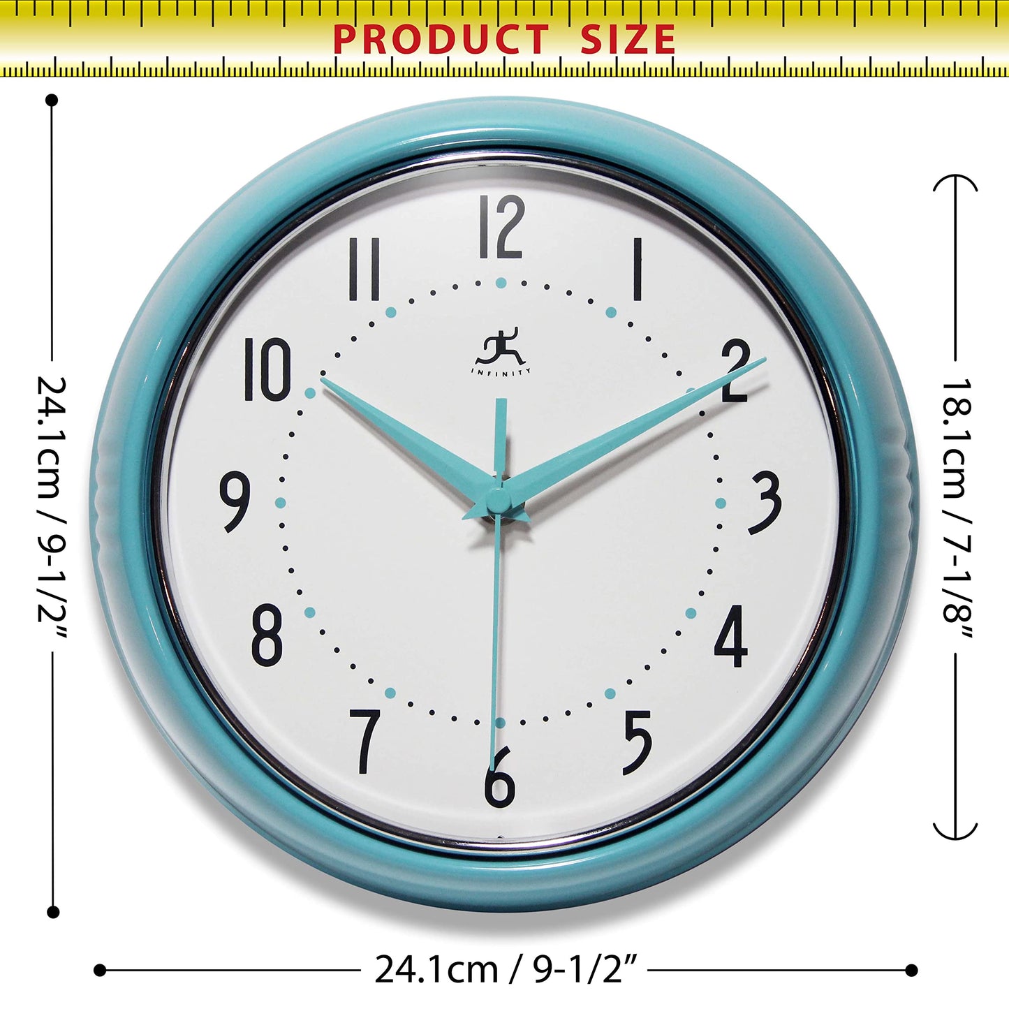 Infinity Instruments Retro Round Turquoise Metal 9.5-inch Analog Wall Clock