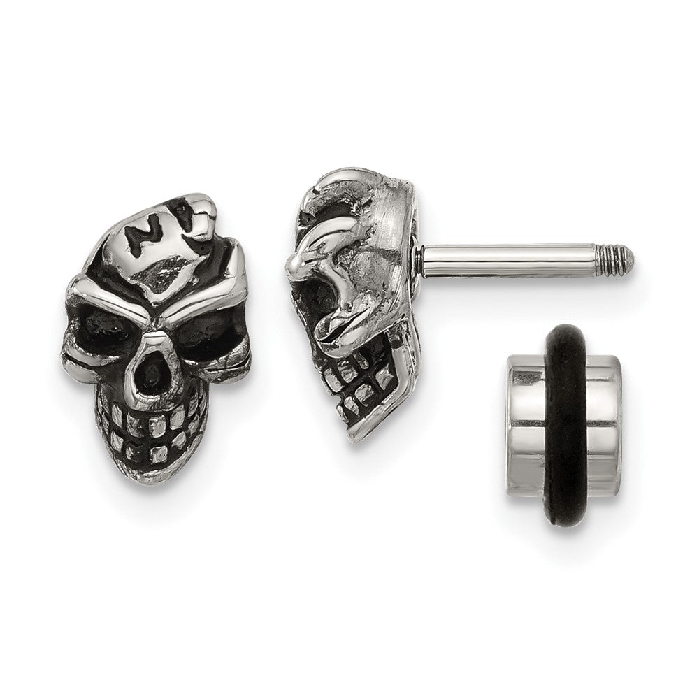 Chisel Stainless Steel Antiqued and Polished Skull Post Earrings