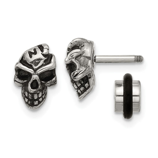 Chisel Stainless Steel Antiqued and Polished Skull Post Earrings