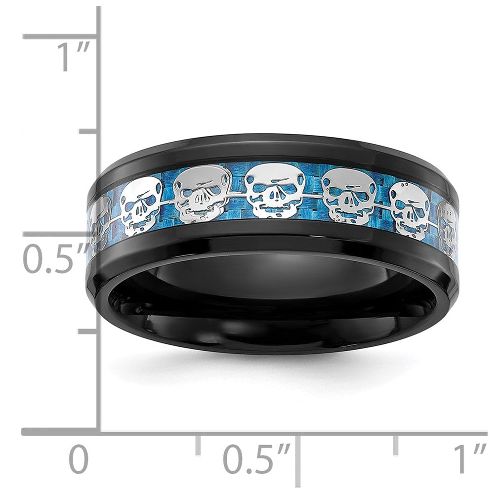 Chisel Stainless Steel Polished Black IP-plated Skulls with Blue Carbon Fiber Inlay 8mm Band Size - 10