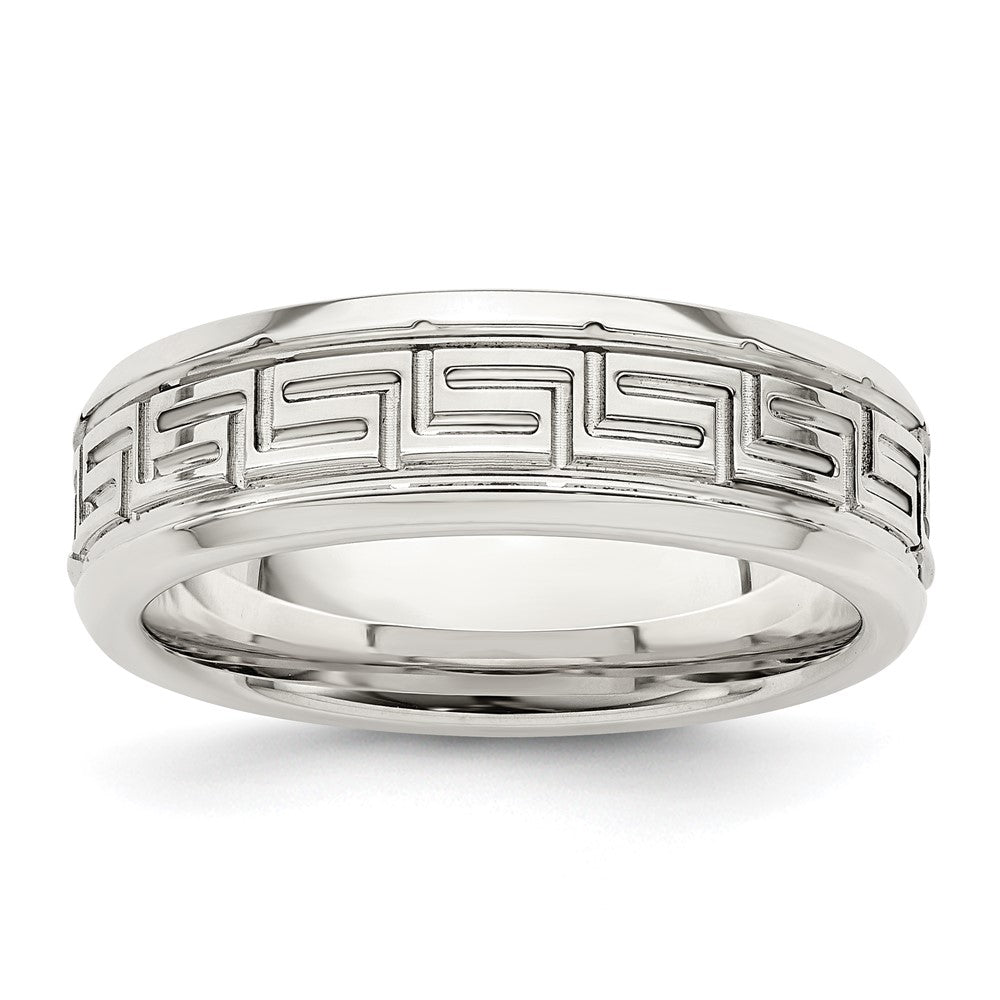 Sterling Silver 6mm Polished Flat Greek Key Design Beveled Edge Fancy Band Size 8.5