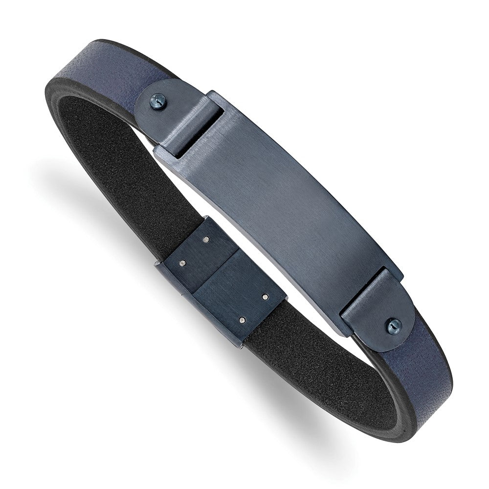Stainless Steel Brushed Dark Grey IP-plated Blue Leather 8.5in ID Bracelet 8.5 inches