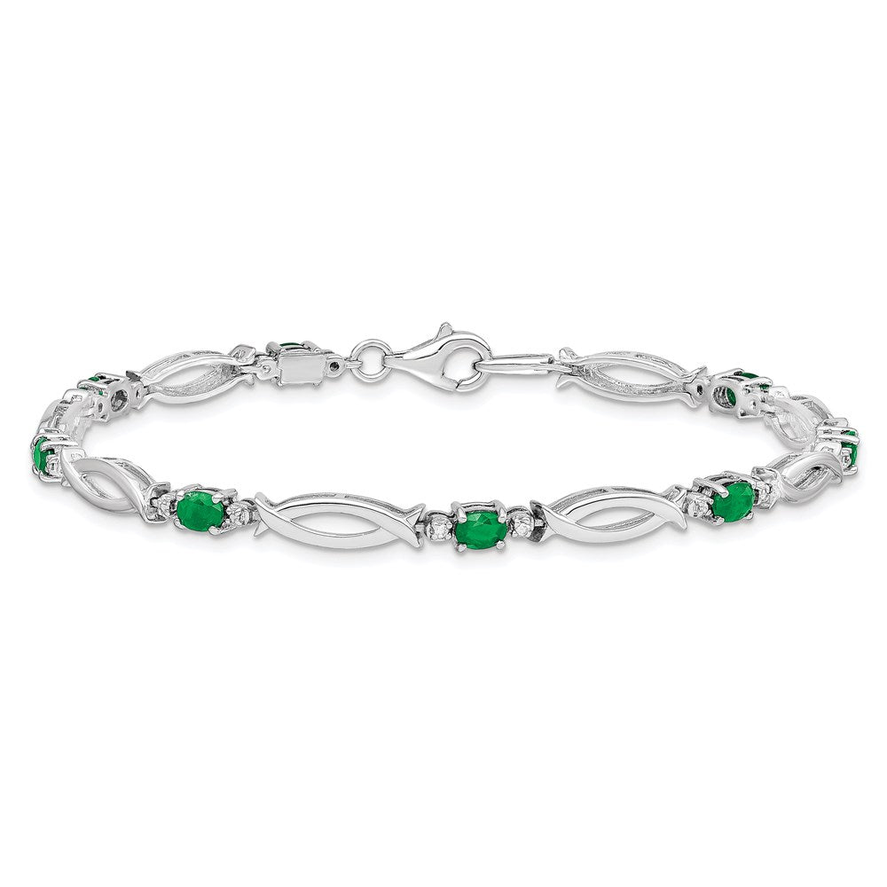 Sterling Silver Rhodium-plated Emerald and Diamond Bracelet 7 inches