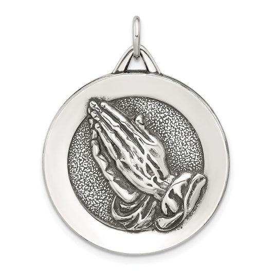 Sterling Silver Antiqued Solid Praying Hands Serenity Prayer Pendant