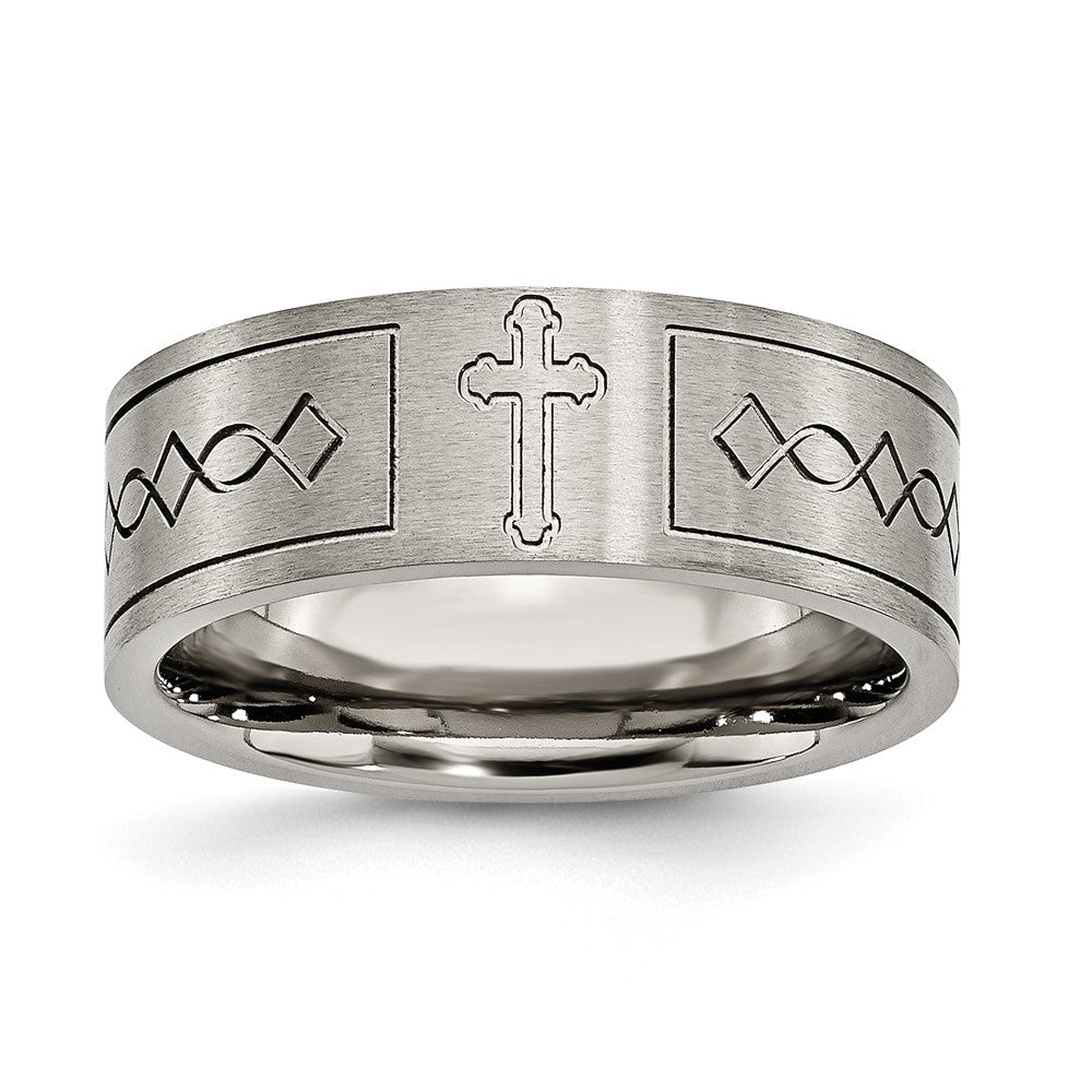Titanium Brushed Cross Design 8mm Flat Band Size - 12.5