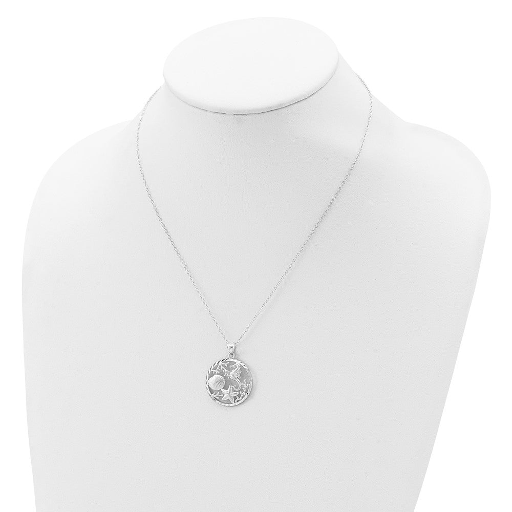 Sterling Silver Rhodium-plated Seahorse, Starfish and Shell Pendant 18 Inches