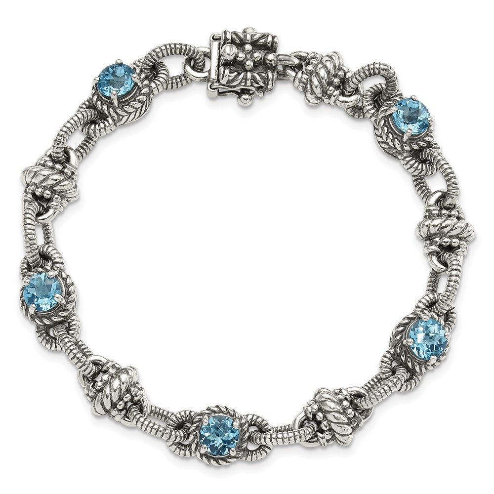 Shey Couture Sterling Silver Antiqued 7.75 Inch Round Swiss Blue Topaz Bracelet 7.75 inches