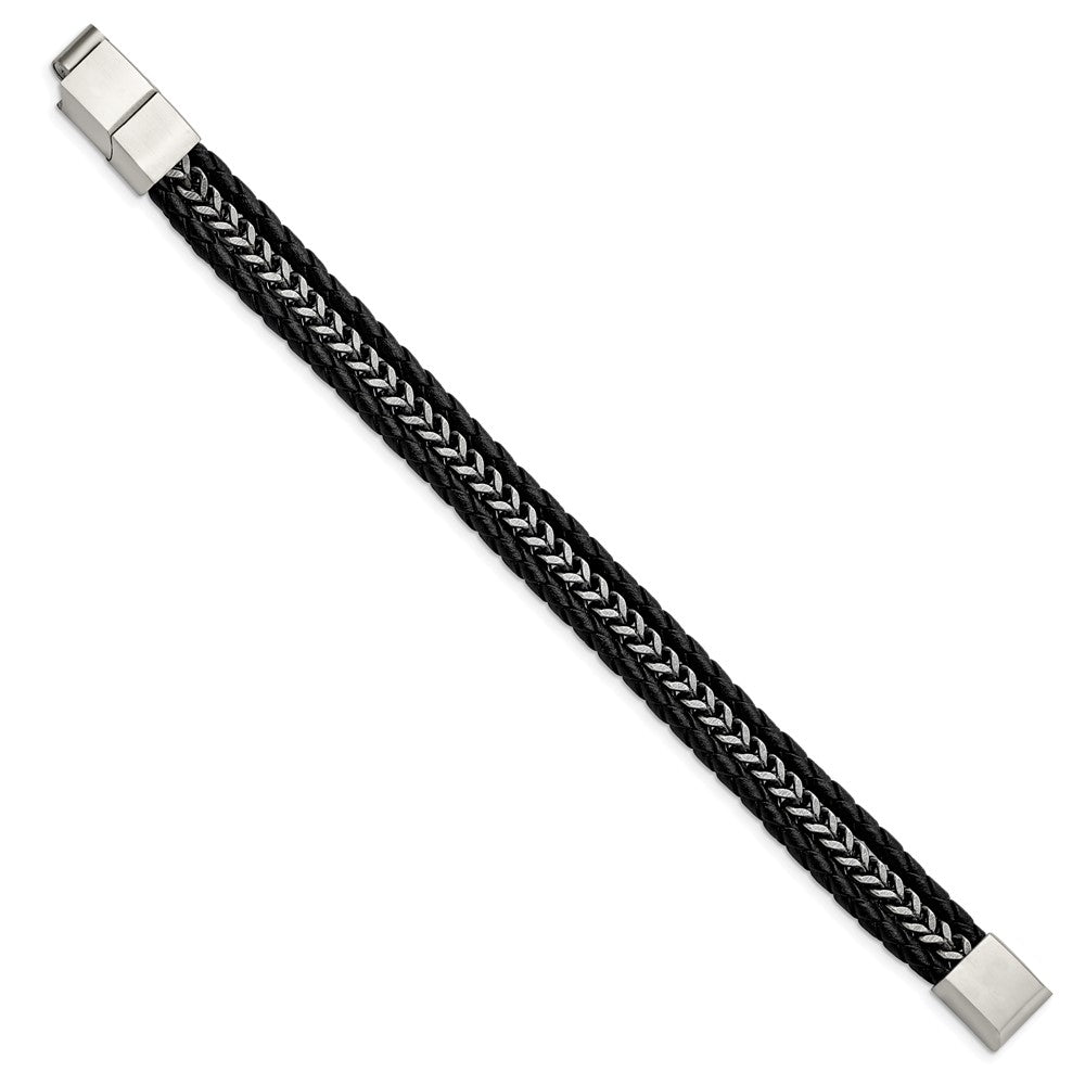 Stainless Steel Antiqued & Brushed Blk Leather 8.25in w/.5in ext Bracelet 8.25 inches