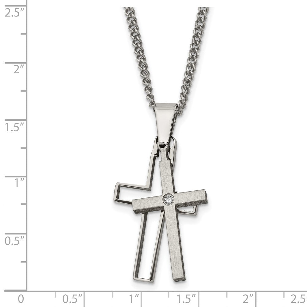 Titanium Brushed and Polished w/.03ct Diamond Cross 22in Necklace