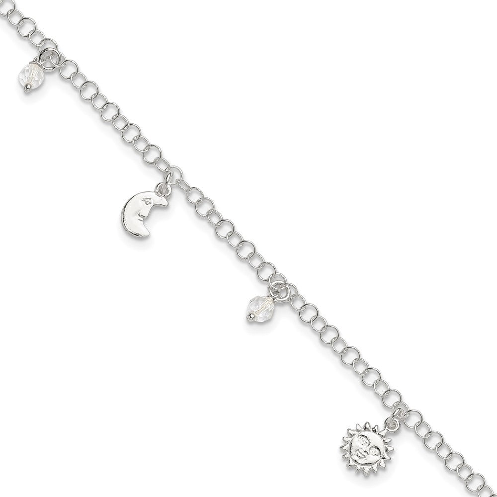 Sterling Silver Polished Sun Moon and Stars 9in Plus 1in Ext. Anklet 9 inches