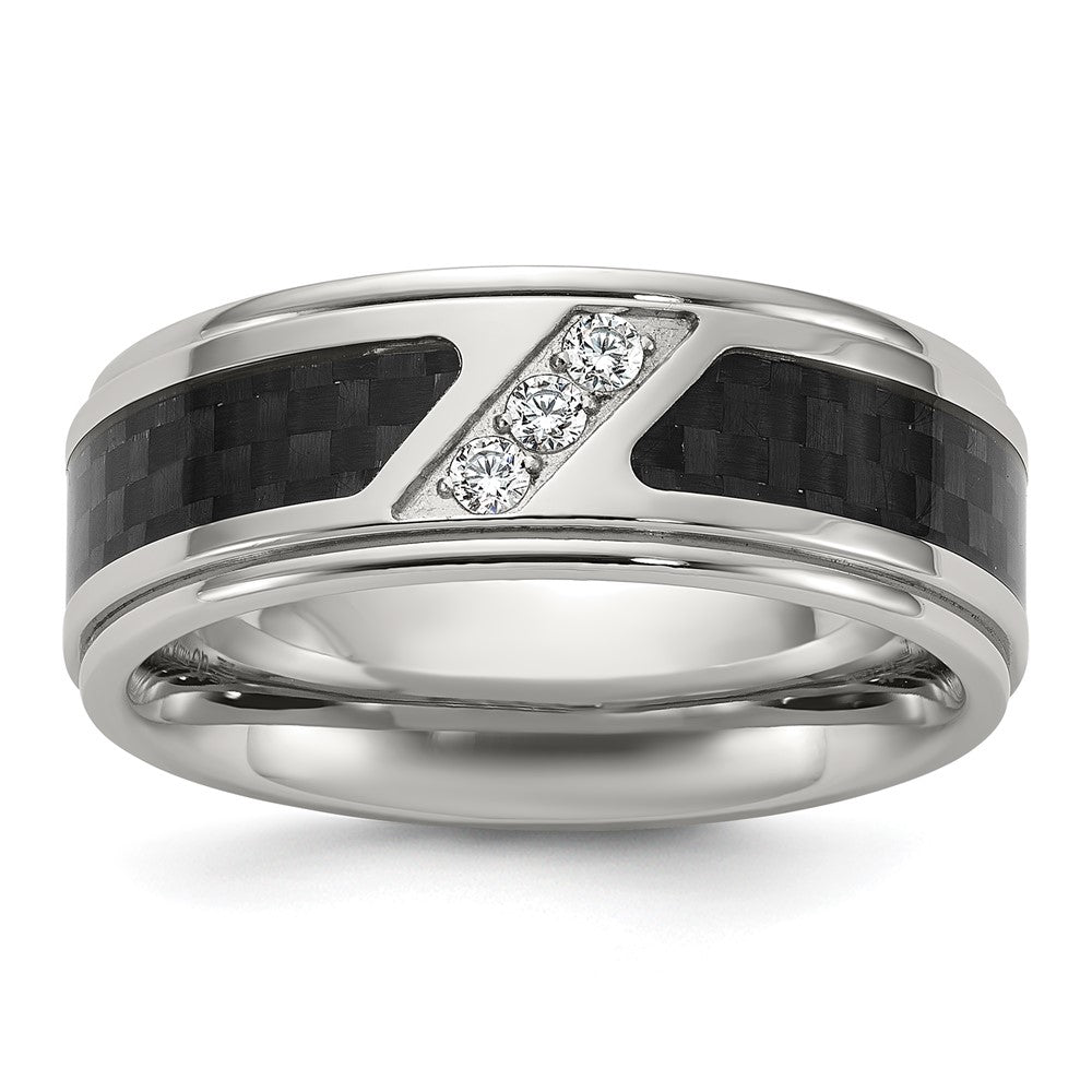 Chisel Titanium Polished with Black Carbon Fiber Inlay and CZ 8mm Band Size - 10
