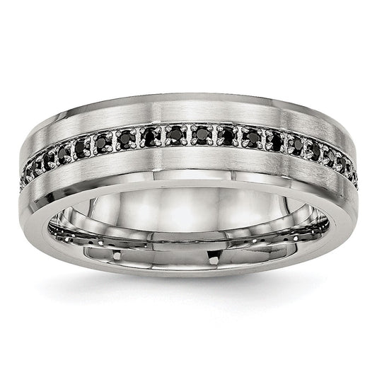 Stainless Steel Brushed and Polished Black CZ 6.5mm Band Size - 6
