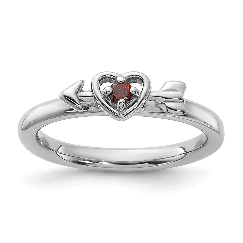 Sterling Silver Stackable Expressions Rhodium-plated Garnet Heart with Arrow Ring Size -5