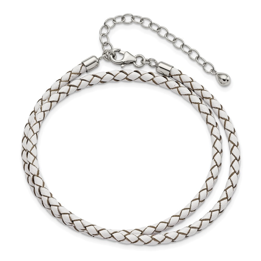 Sterling Silver Reflections White Leather Rhodium-plated 14 inch with a 2 inch extention Choker/Wrap Bracelet 14 inches