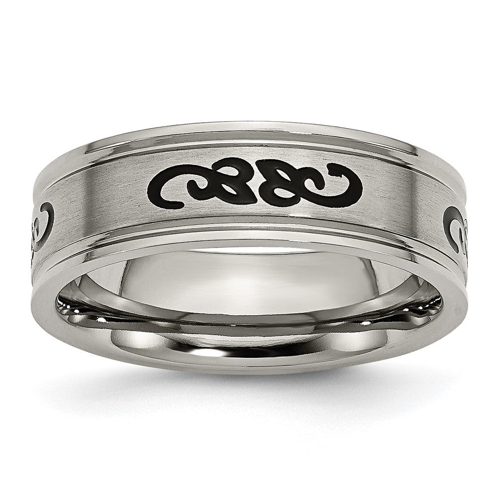 Titanium Brushed with Black Rubber Design 7mm Ridged Edge Band Size - 10.5