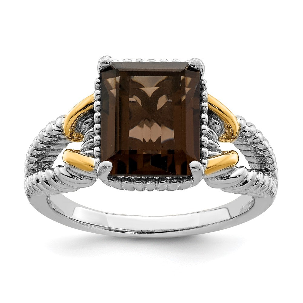 Sterling Silver Rhodium w/ Flash Gold-plate Smoky Quartz Octagonal Ring