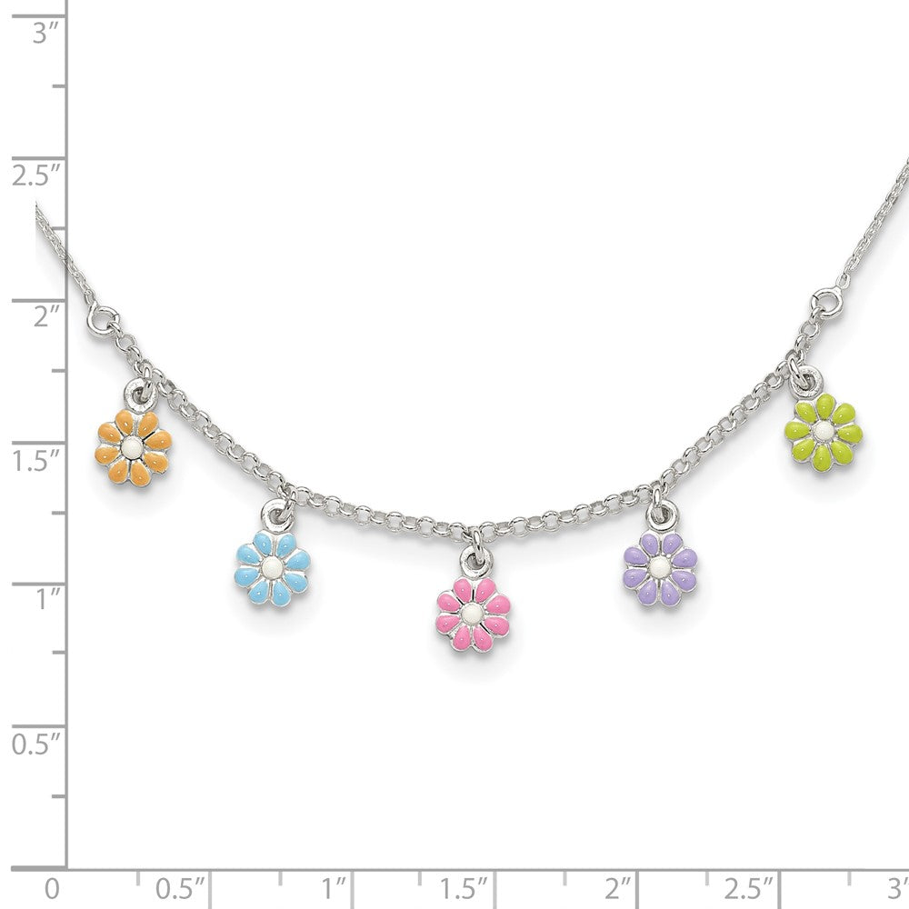 Sterling Silver Polished Multi-color Enameled Flowers Children's Necklace 14 Inches