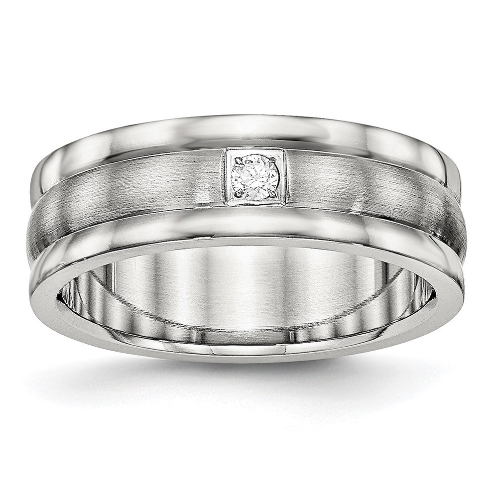 Stainless Steel Polished w/Brushed Center CZ 7mm Grooved Band Size - 8.5