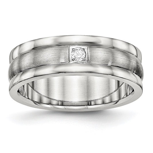 Stainless Steel Polished w/Brushed Center CZ 7mm Grooved Band Size - 8.5
