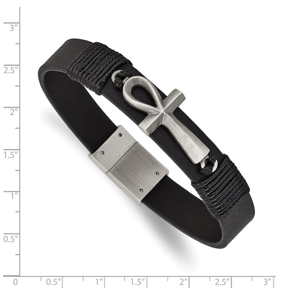 Chisel Stainless Steel Antiqued and Brushed Ankh Cross Black Leather 8.5 inch Bracelet
