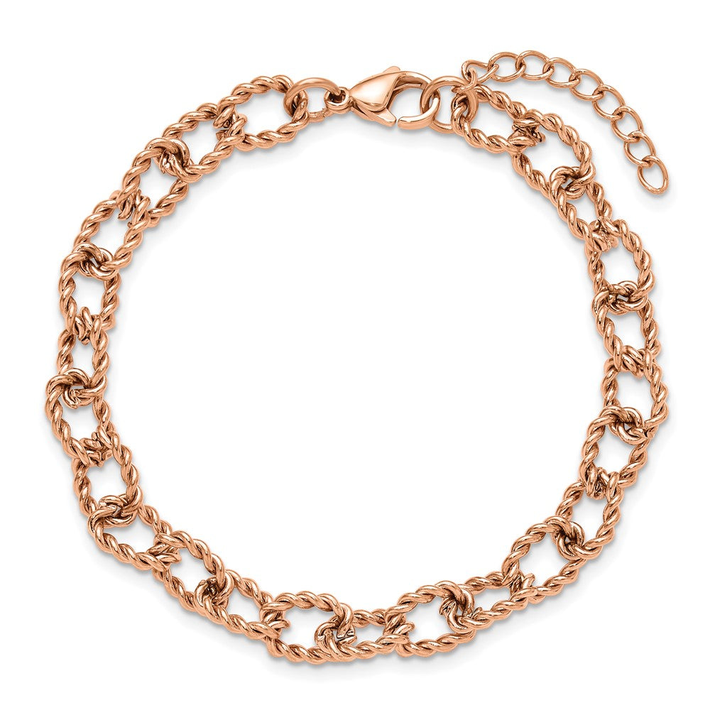 Chisel Stainless Steel Polished and Textured Rose IP-plated Open Link 7 inch Plus a 1 inch Extension Bracelet 8 inches
