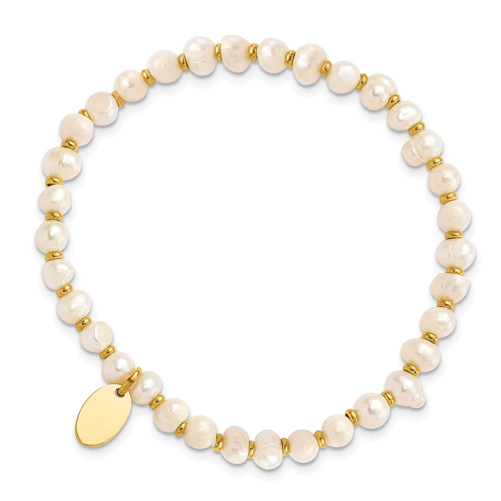 Stainless Steel Polished Yellow IP-plated w/FWC Pearl Stretch Bracelet