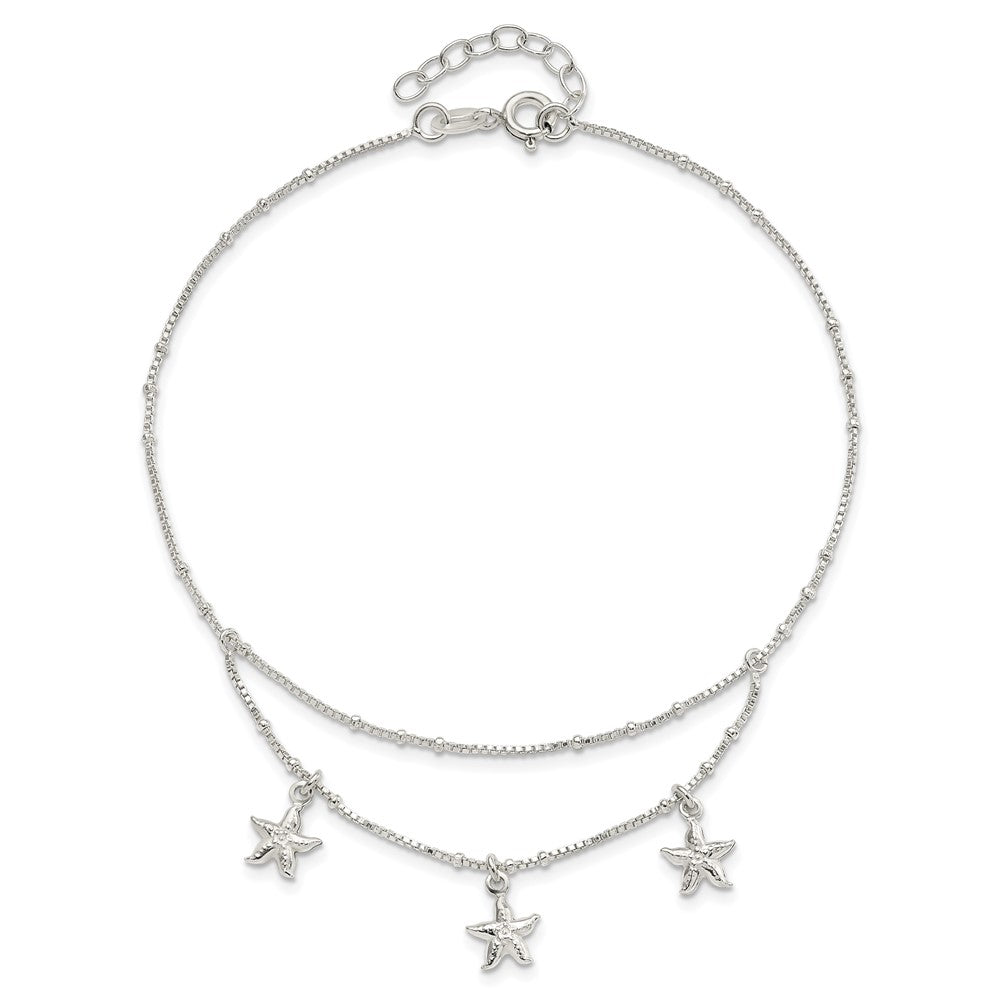 Sterling Silver Polished 2-Strand Starfish 9in Plus 1in Ext Anklet 9 inches