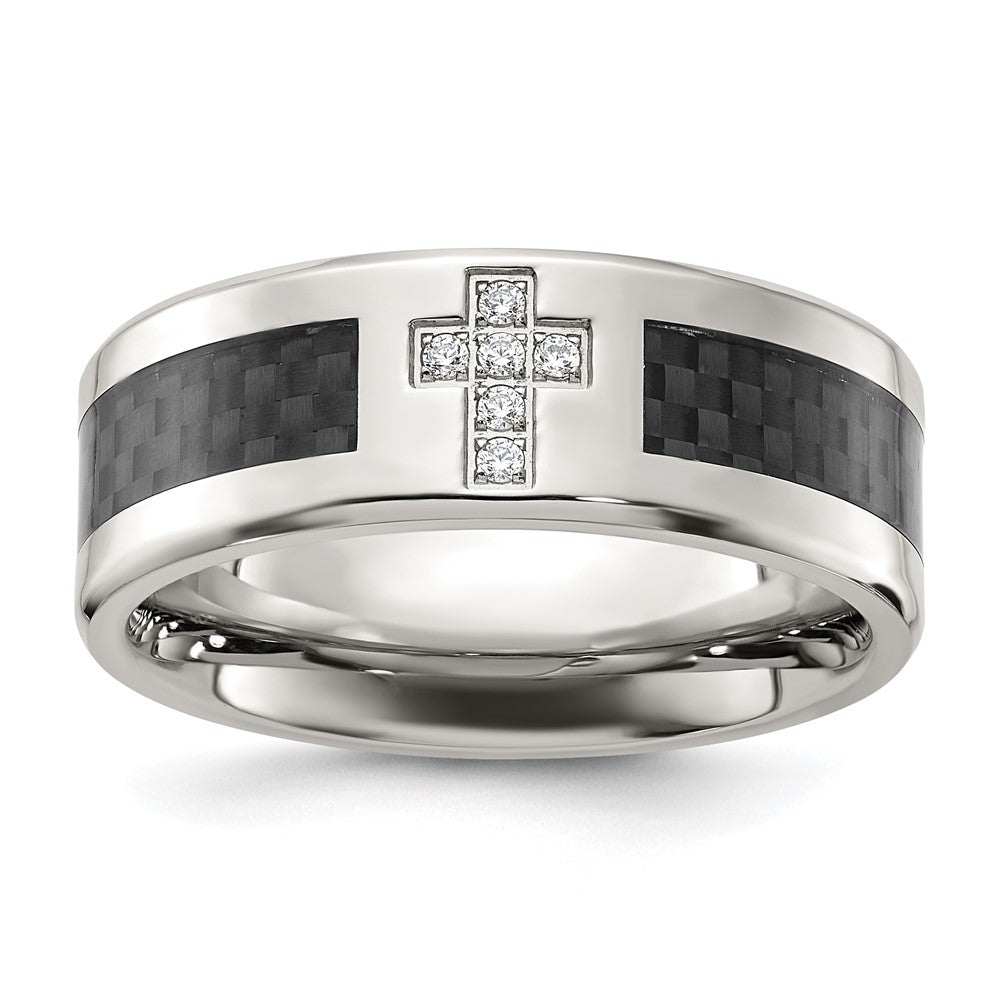 Stainless Steel Polished w/Black Carbon Fiber Inlay CZ Cross 8mm Band Size - 7.5
